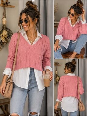 Women's Bubblegum Pink V-Neck Cropped Sweater